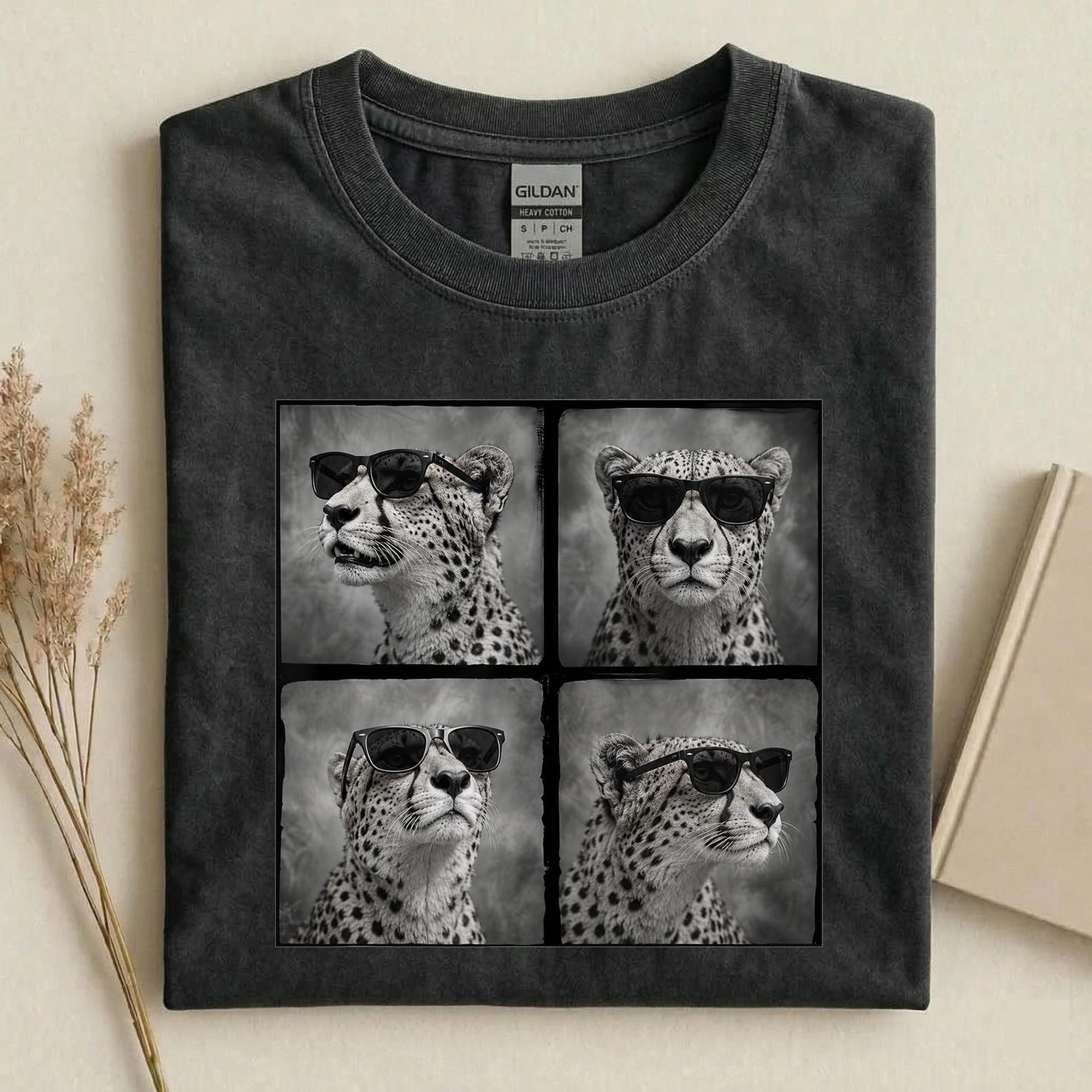 Cool Cheetah Sunglasses Shirt, Funny Cheetah Photo Collage Tee, Fast Cat Lover Gift, Safari Wildlife Graphic T-Shirt, Animal Lover Shirt L