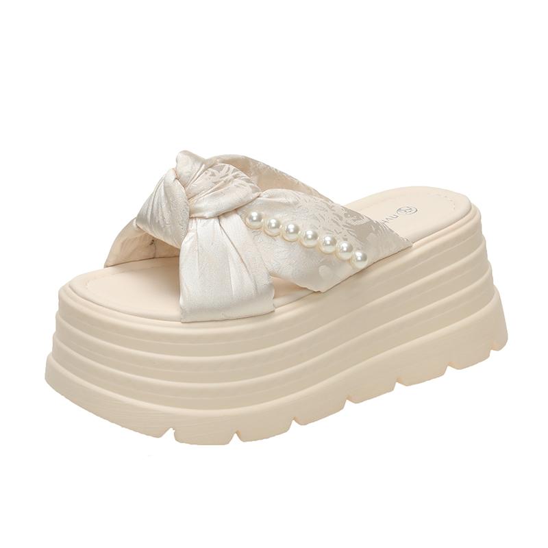 Fashion Aphixta Pearl Platform Sandals 8cm High Heels Slippers Women Slides Shoes Wedge Slippers String Bead Summer Beach Slides Shoes