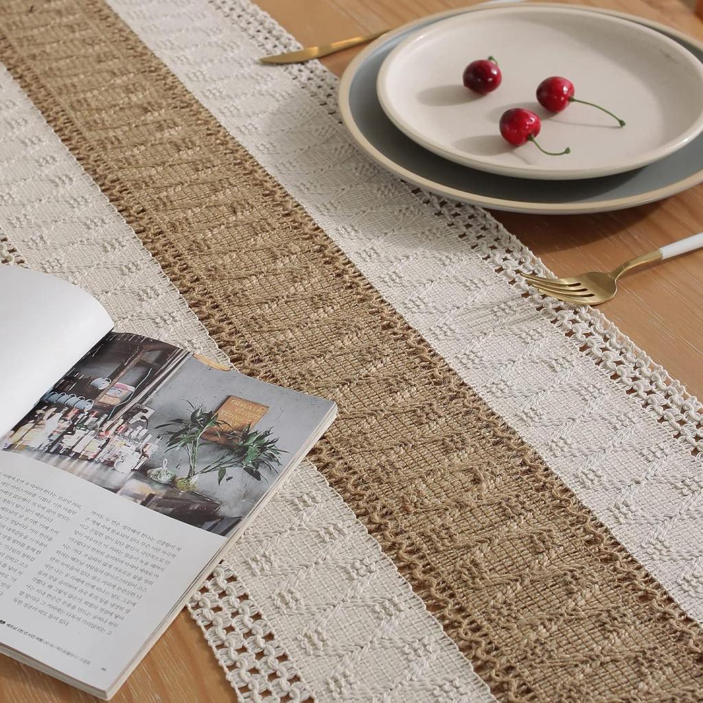 Böhmische Rustikale Hochzeitsdeko Baumwolle Leinen Tischläufer mit Quasten