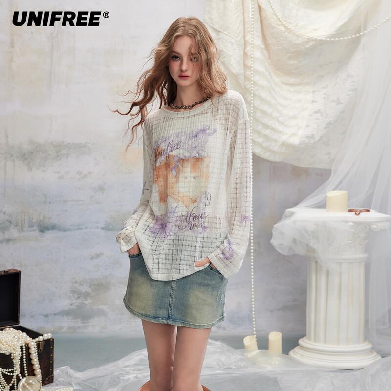 UNIFREE Cute Cat Print Loose Long-Sleeve T-Shirt S