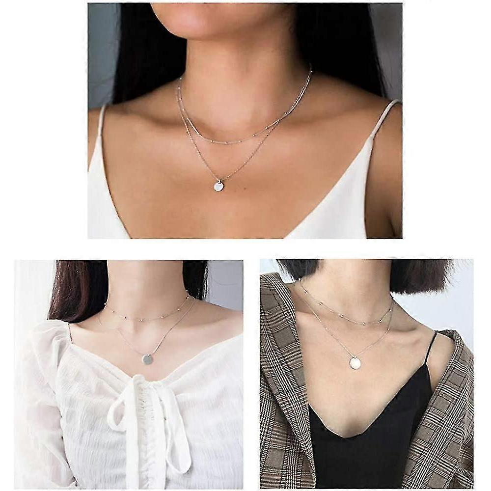 Layered Disc Pendant Choker Necklace For Acsergery Women Girls 925 Sterling Silver 18k Gift