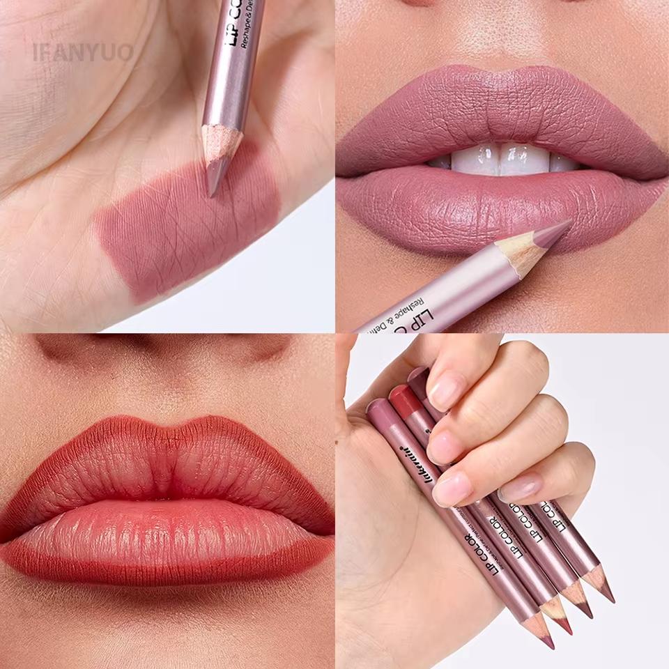 Mini Wooden Lip Pencil Slim Lipliner Plumping Lip Waterproof Long-lasting Creamy Matte Nude Brown Professional Contour Lip Liner
