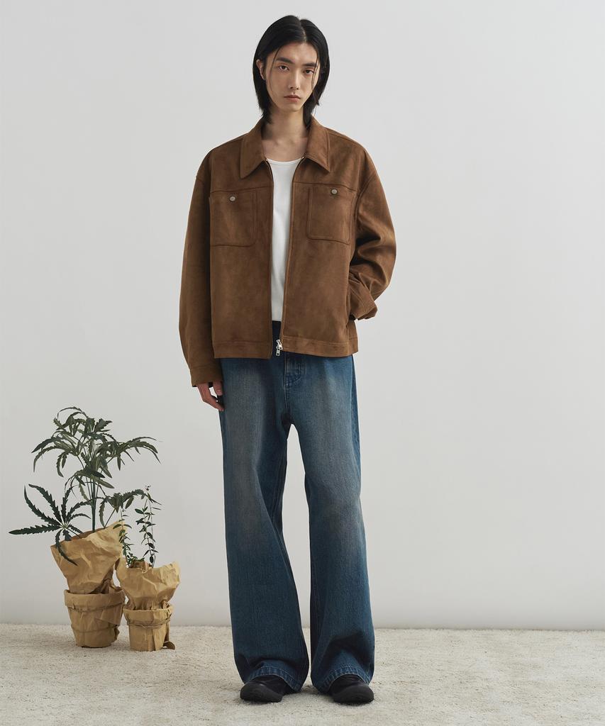 Draw Fit Suede Panel Trucker Zip-Up Jacket [Brown]