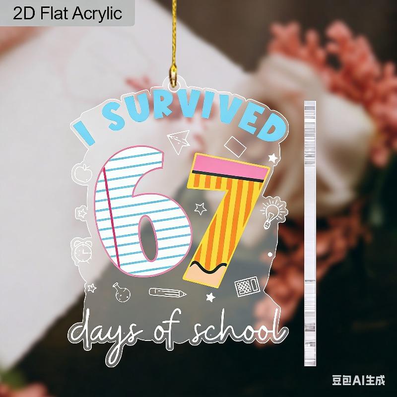 2D Flat "I Survived 67 Days of School" Acrylic Decoration Sign, Suitable for Wall Decoration, Porch, Room, Villa, Accents Home, Hallway, or Workplace