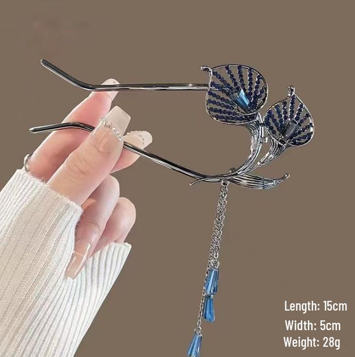 Épingle à cheveux vintage en forme de U avec pompon paon pour femmes - Épingle à chignon nacrée pour Cheongsam et Hanfu