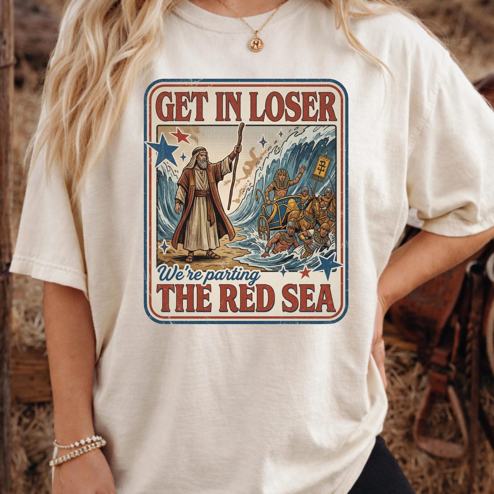 Stylish Get In Loser We’re Parting The Red Sea Shirt, Funny Moses Shirt, Biblical Humor Tee, Vintage Religious Graphic T-Shirt. L