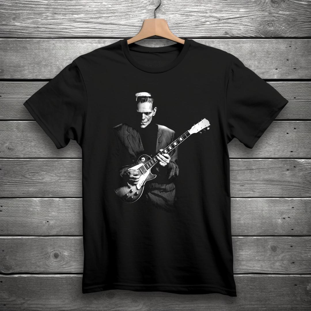 Frankenstein Playing Electric Guitar Horror T-Shirt Black S-3XL M