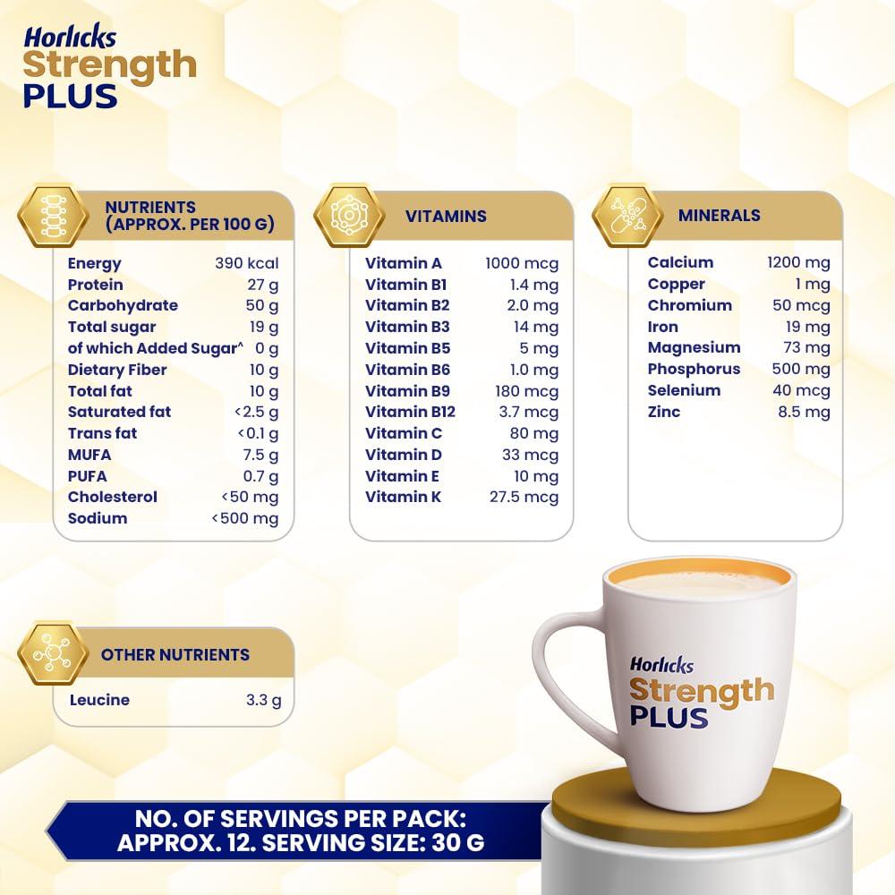 Horlicks Strength Plus Vanilla Powder 350g High Protein High Fibre Balanced Nutrition for Adults