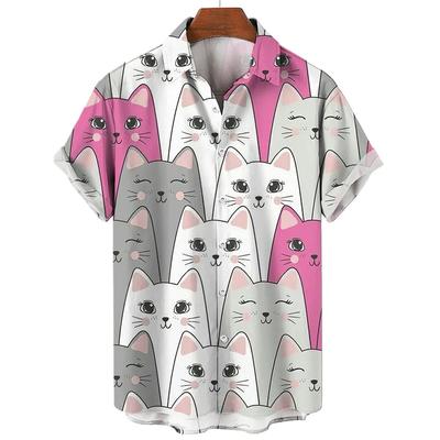 Woman Cat Shirts Short Sleeve Korean Clothes Summer Print Clothes Lapel Button Tops Outdoor Comfortable Versatile