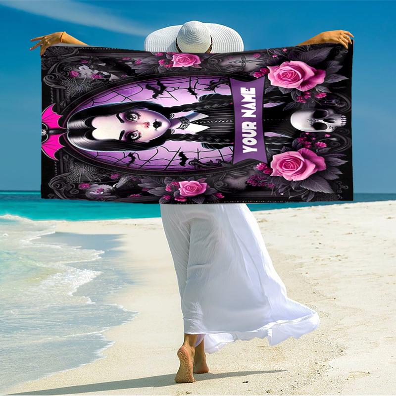 1PC Custom Name Gothic Halloween Portrait Beach Towel Highly Absorbent And Sand-Resistant Towel for Swimming, Pool, Yoga, And Travel Lightweight