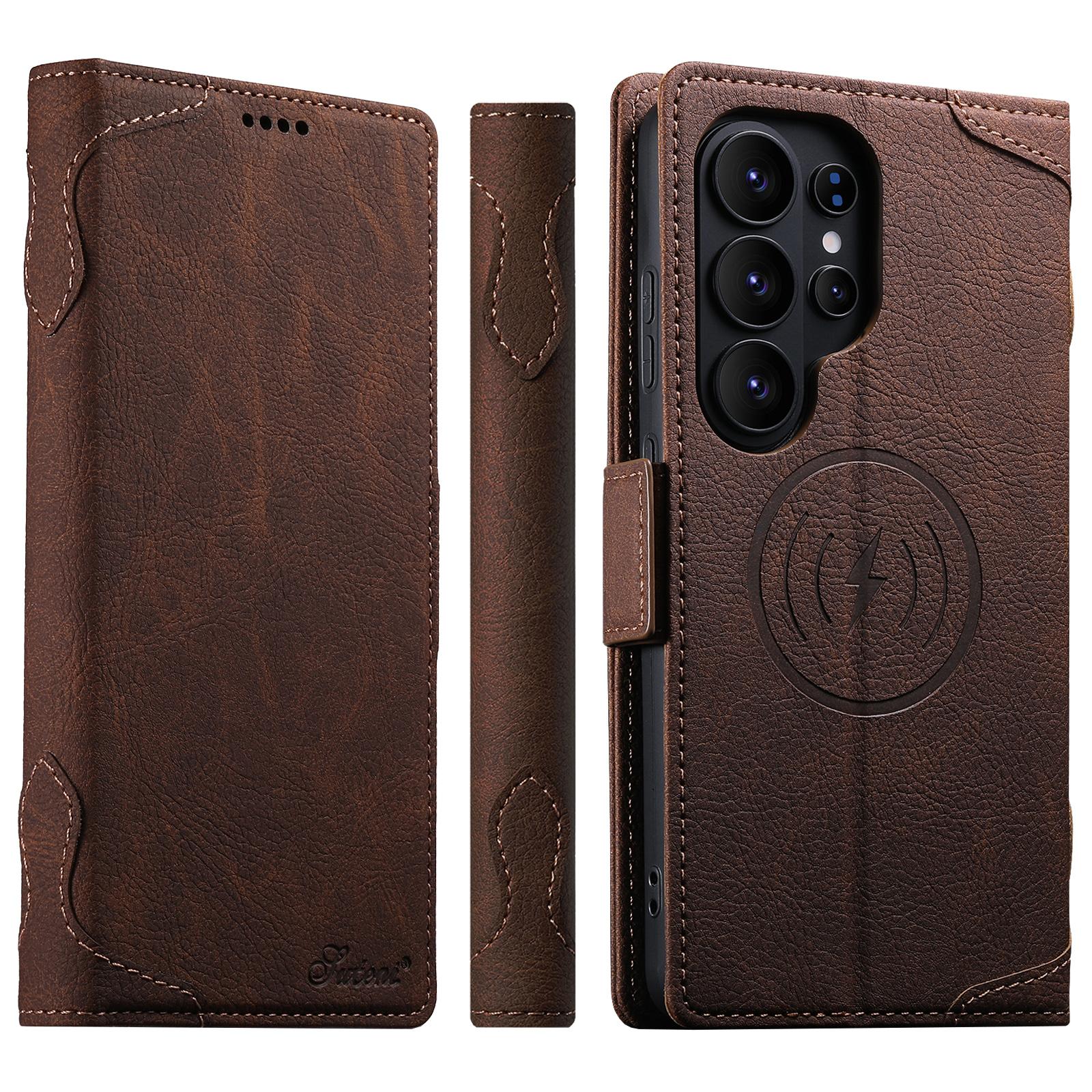 

Cowhide Leather Phone Case for Samsung Galaxy S26 Ultra S24 S23 S22 S25U Magnetic Charging Card Slot Wallet Holder Flip Cover Galaxy S26 Ultra коричневый