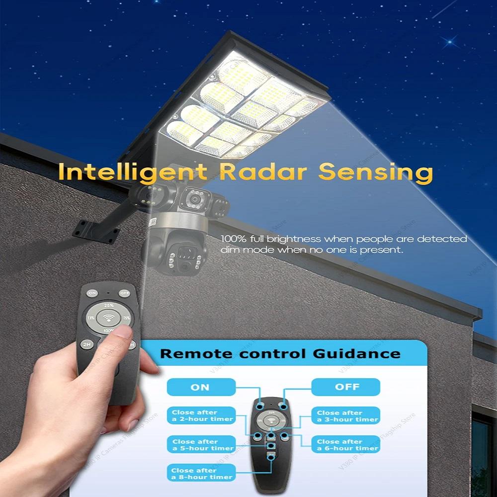 Solar 4G Street Light Camera, 10X Zoom, 3-Lens Recording, Humanoid Tracking, Outdoor Camera Lamp, Remote Control, Waterproof Design