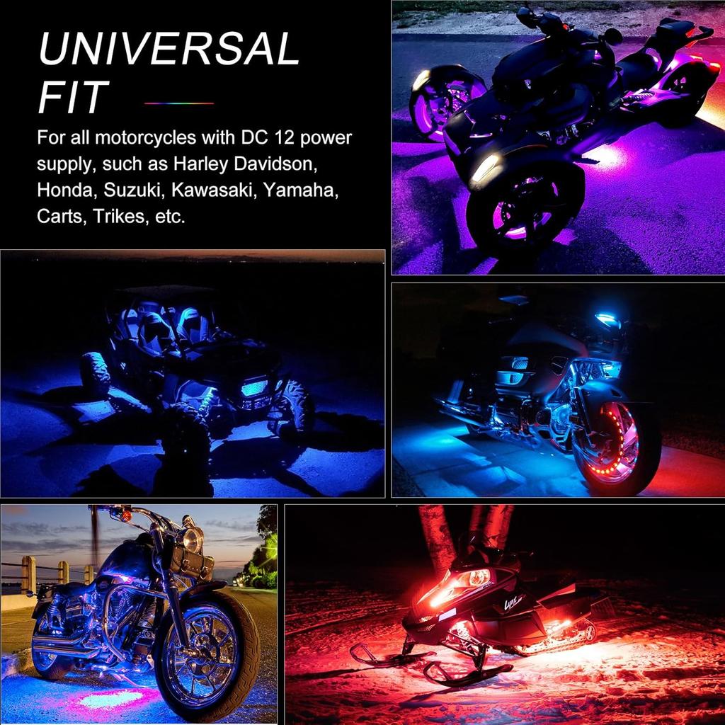 Motorcycle LED Underglow Kit, ICICAR 12 Pcs APP Control RGB Chasing Mode 16 Million Color Dual Remote Music Mode IP68 Waterproof Led Lights,