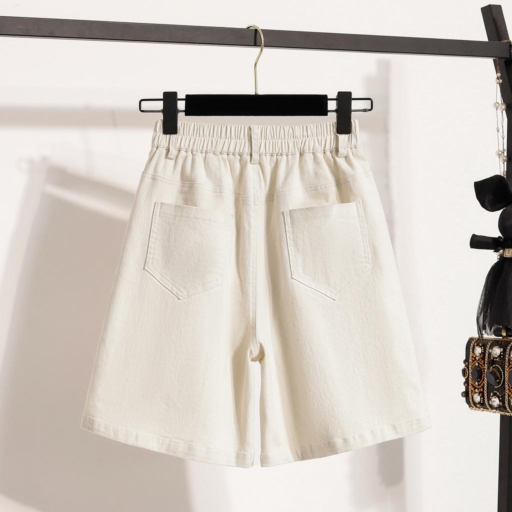 DIMANAF Übergröße Damen Shorts Hosen Sommer Locker Kurze Jeans Basic Hohe Taille Lochhosen Elastischer Bund Maxi