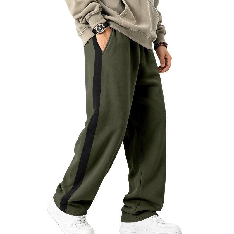 Pantaloni de trening largi pentru bărbați, căptușiți cu fleece, tricotaj greu, dungă contrastantă laterală, șnur, croială largă, casual, sport