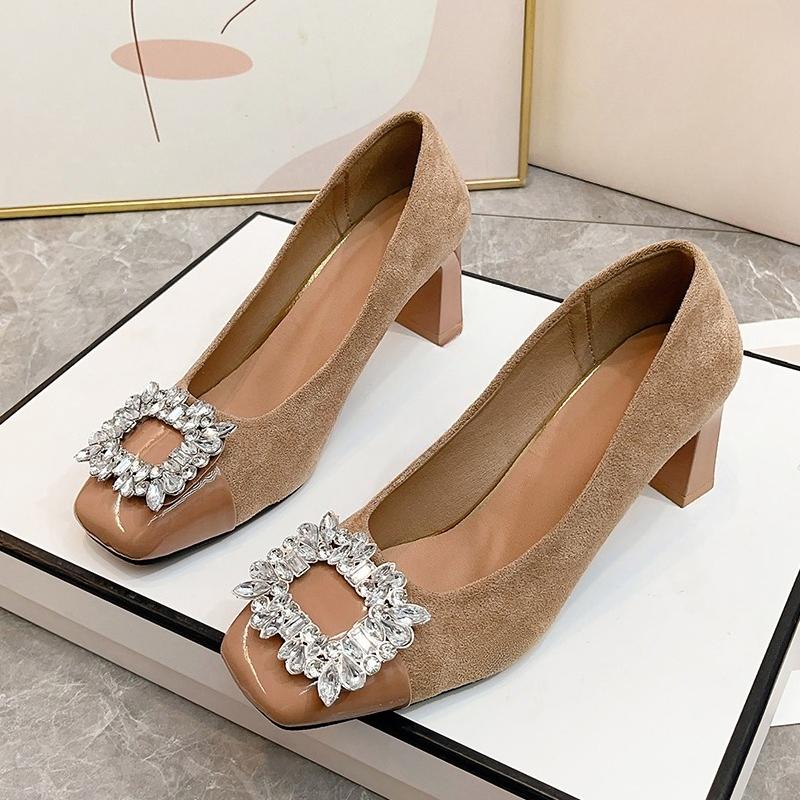 Fashion Single Shoes New Women's Four Seasons Square Toe Light Suede Rhinestone Color-block Block Heel All-match High Heels