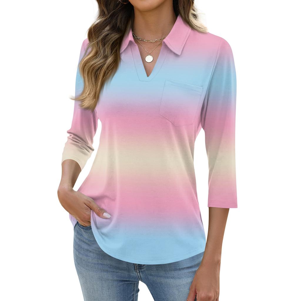 Women's Fashion Casual Lapel Short 3/4 Sleeve Print Shirt Women's Up Tops