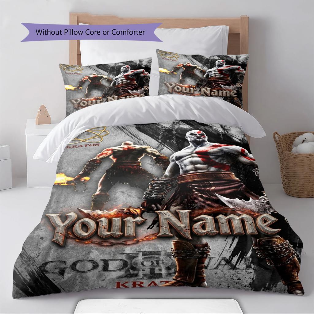 Name Custom God of War Pattern Bedding Set Quilt Cover Pillowcase Home Decor Gift (1 * Duvet Cover + 2 * Pillowcase, Without Core)