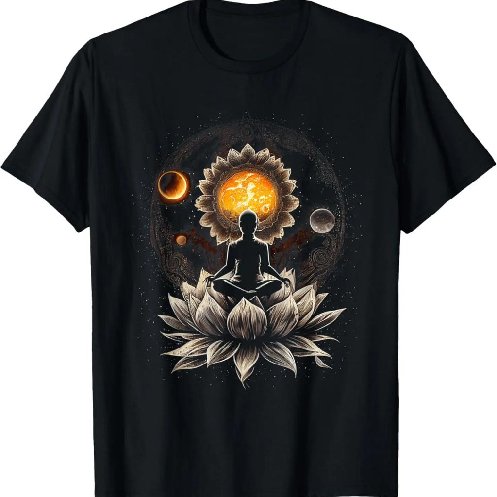 Lotus Meditierender Astronaut Zen Yoga Planeten Universum Grafik T-Shirt