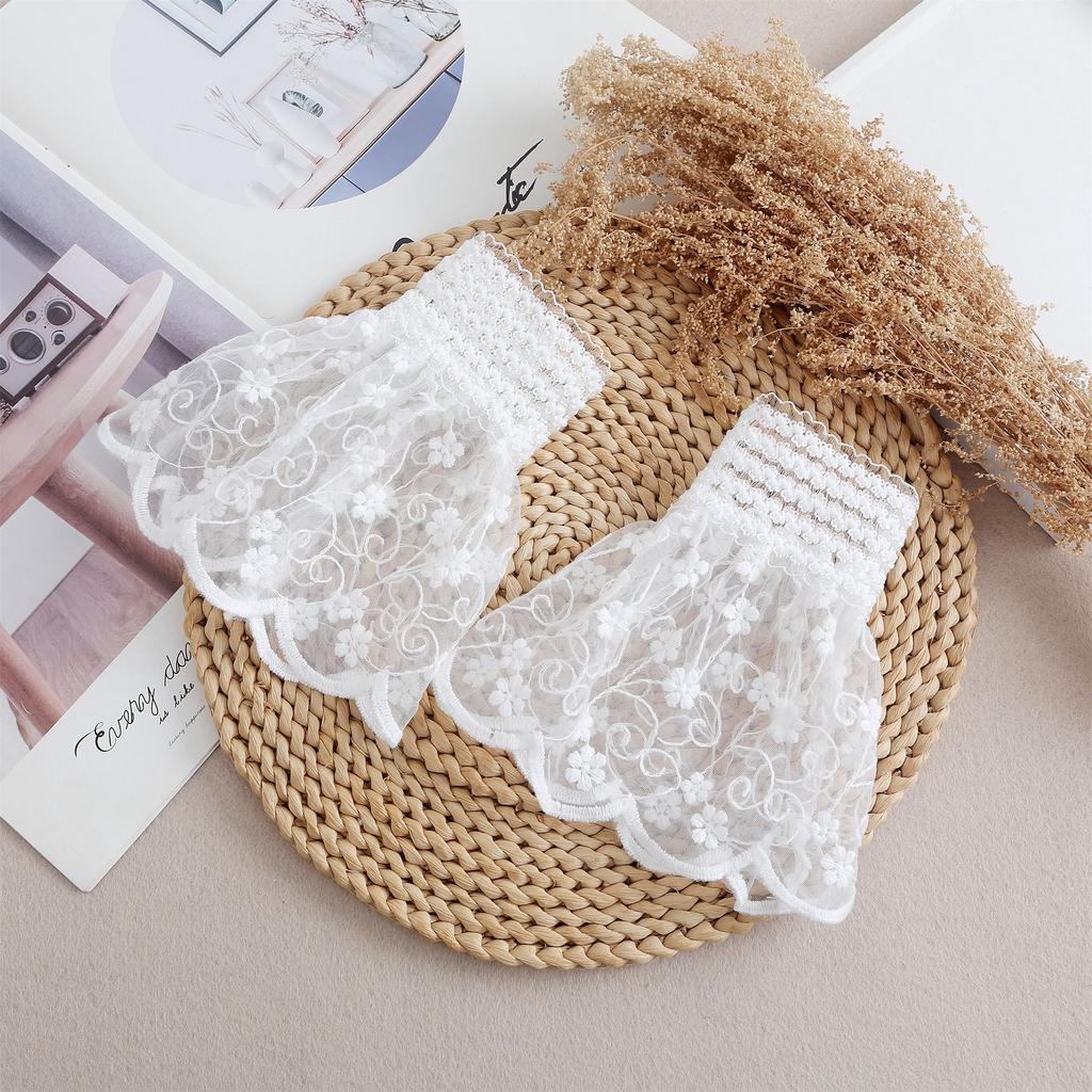 Lace Mesh Floral Shirt Detachable Cuffs for Womens Fake Flared Sleeves Pleated False Cuffs Sweater Wrist Warmers Sleeve