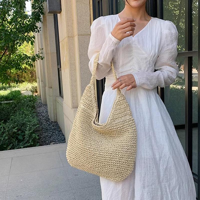 Yogodlns New Grass Women Travel Beach Bags Single Handle Shoulder Bags Grass Large Capacity Tote Bag Hand Woven Bag for Women
