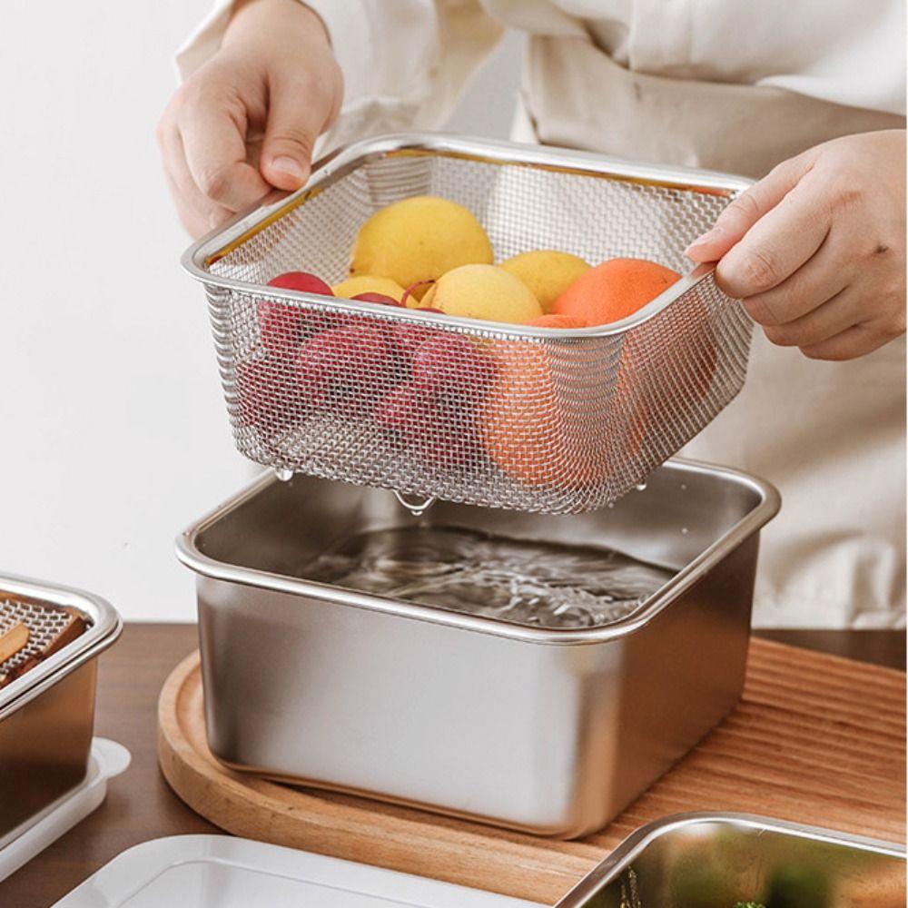 Large Capacity Stainless Steel Storage Box Rust Proof with Lid Vegetable Washing Basin Fine Mesh Durable Drain Basket