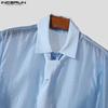 INCERUN Men Tie Lapel Neck Patchwork Hollow Buttons See Through Shirt Casual Long Sleeve Shirts