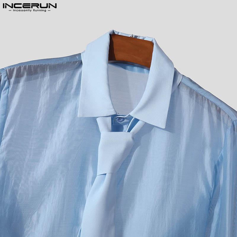 INCERUN Men Tie Lapel Neck Patchwork Hollow Buttons See Through Shirt Casual Long Sleeve Shirts