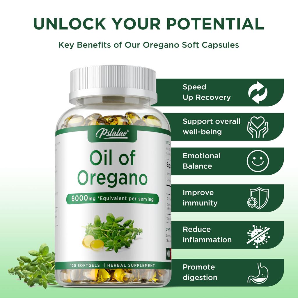Capsule molli di olio di origano ad alta concentrazione, 6000 mg di estratti vegetali naturali, delicate e facilmente assorbibili, adatte sia per uomini che per donne.