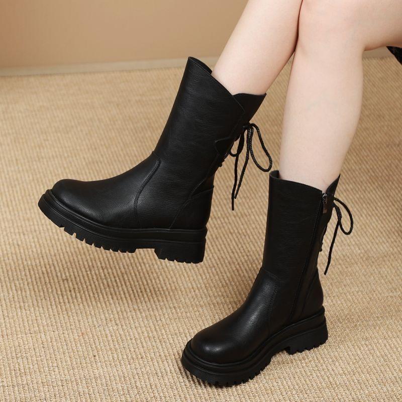 Round Toe Leather Platform Ladies Mid Calf Shoes Autumn Winter Fleece-Lined with Laces Women's Half High Boots Trend 2025 Boot