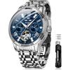 OLEVS Automatic Mechanical Skeleton Luxury Dress Watch Stainless Steel Diamond Men's Watch Blue