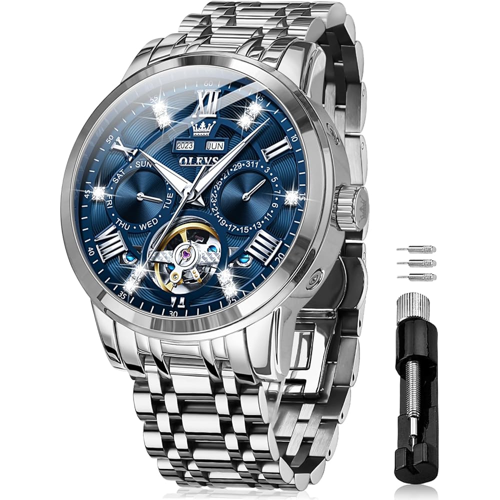 OLEVS Automatic Mechanical Skeleton Luxury Dress Watch Stainless Steel Diamond Men s Watch Blue