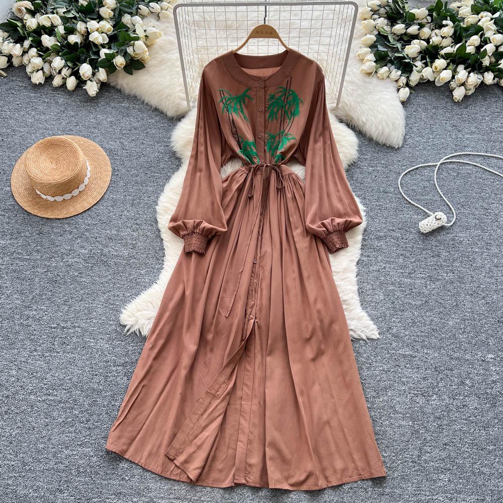 

Женское шикарное элегантное платье с длинным рукавом, на пуговицах, с вышивкой, приталенное бодикон, сексуальная вечерняя мода, женская одежда One Size