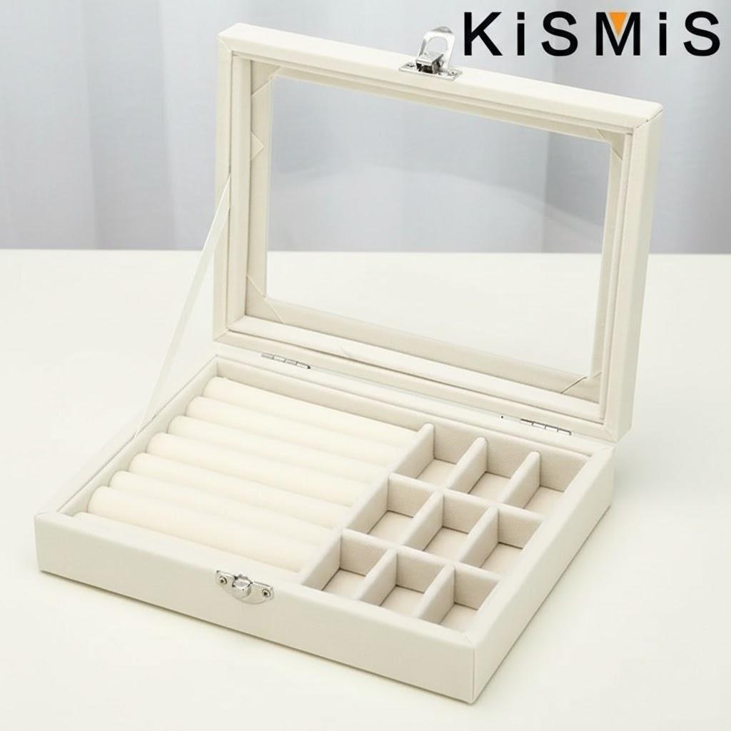 

Clear Lid Velvet Jewelry Organizer Box Rings Earrings Storage Display Holder Dust Proof Multi Piece бежевый