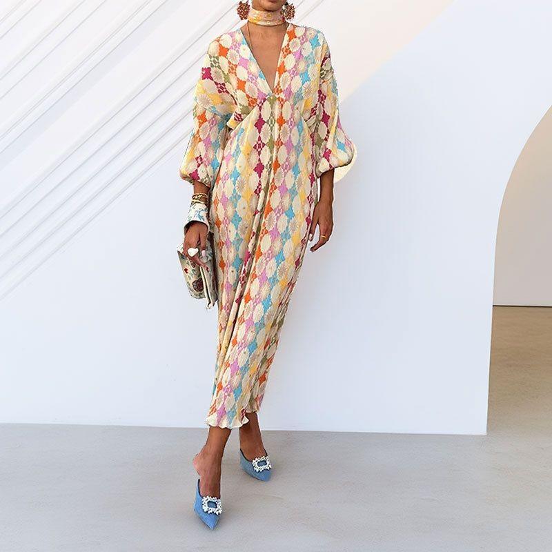 

2025 Spring New Women clothes European and American Fashion Socialite Style Temperament Waist Hugging V-neck Short sleeve Print Mid-Length Dress Flower color M