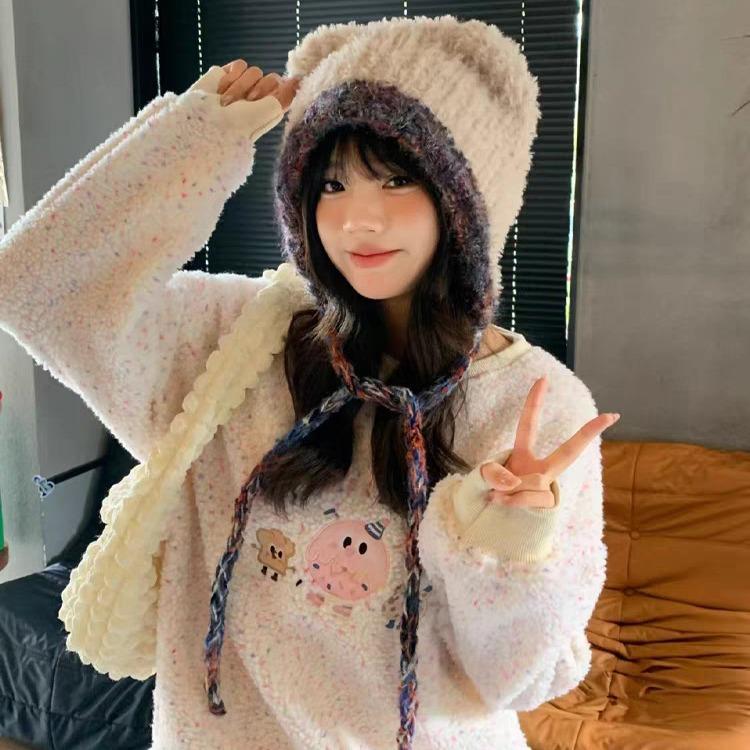 Bear Ears Plush Hat for Women in Winter Versatile Warm Ear Protection Knitted Hat Korean Style Large Head Circumference Woolen Hat