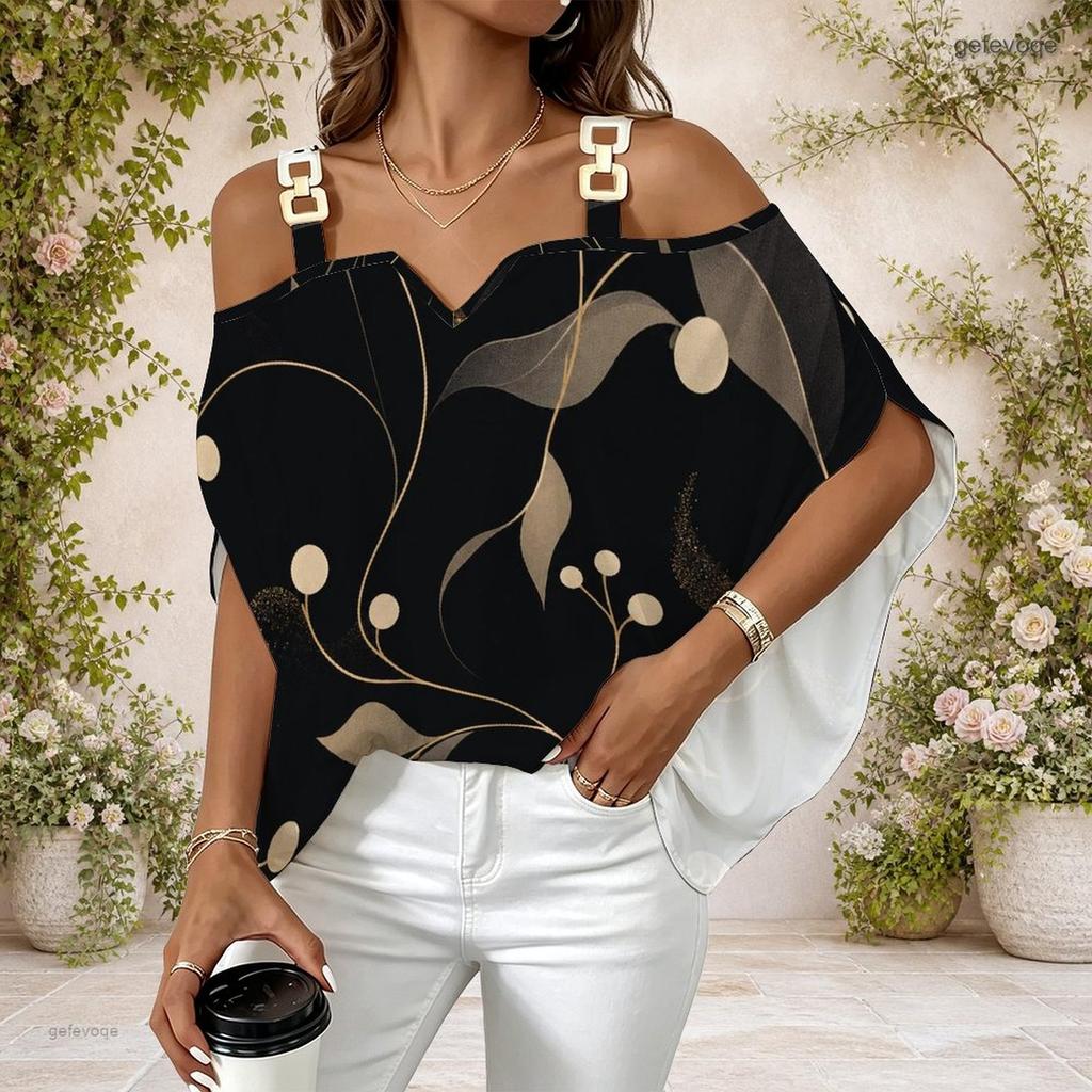 Women Plus Size Off Shoulder Double Strap Short Sleeve Top Blue White Swirl Rhinestone Print