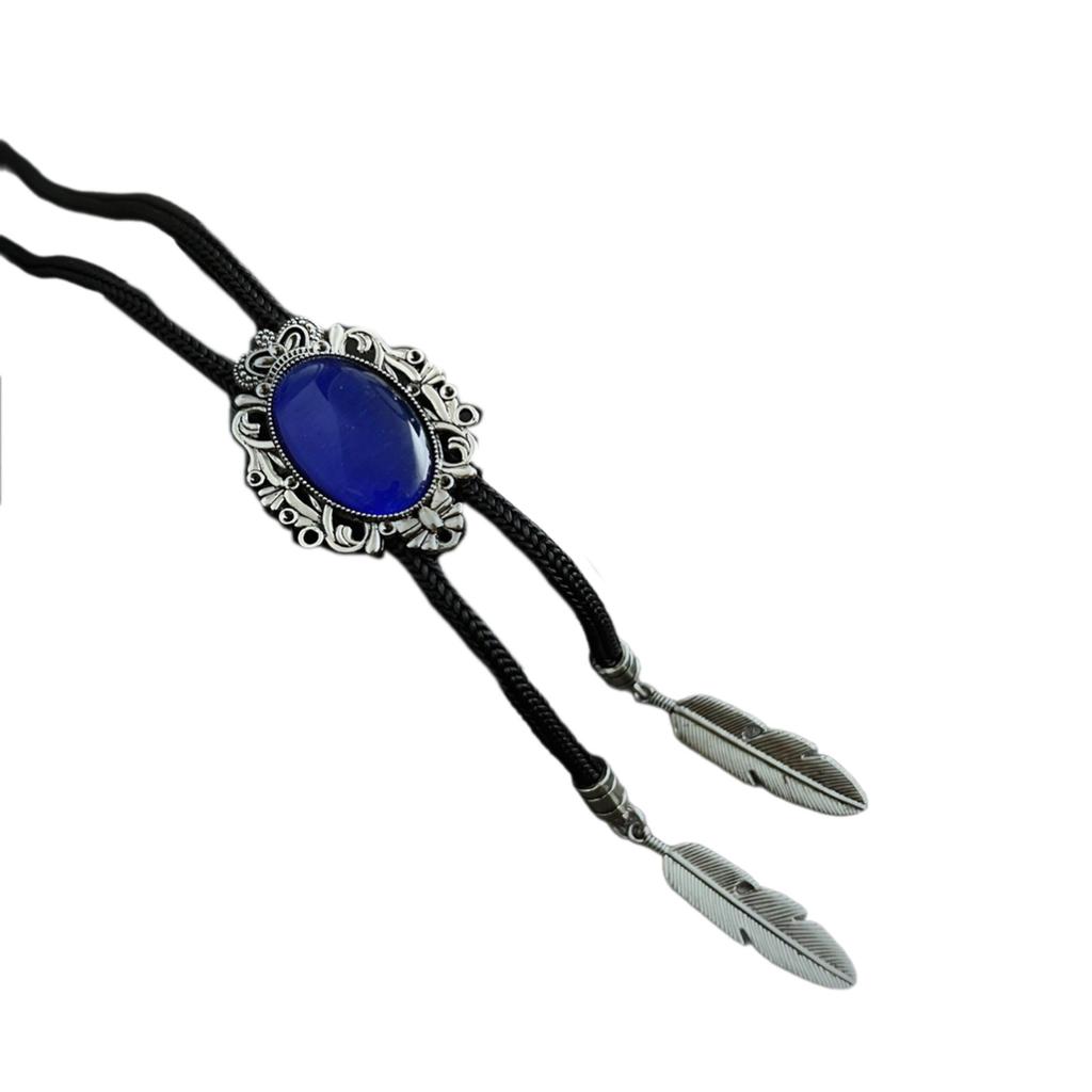 Men Vintage Bolo Tie Western Cowboy Antique Stone Feathered Pendant Shirt Collar Jewelry Braided Rope Necktie Neckwear