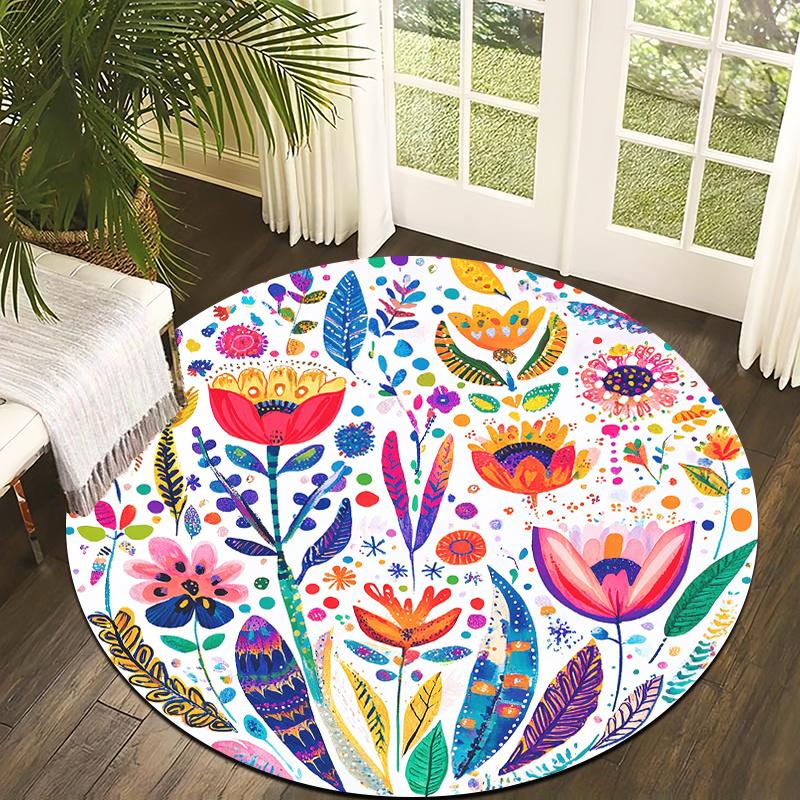 Floral and colorful artistic Flannel-printed round floor mats are slip-resistant Suitable for living room terrace garden carpets