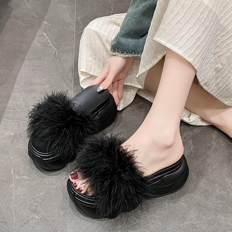 Fashion Women Platform Slippers Feather Chunky Sandals Beach Shoes 8.5CM Wedge Heels Peep Toe Slides Ladies Outside Flip-Flops Woman
