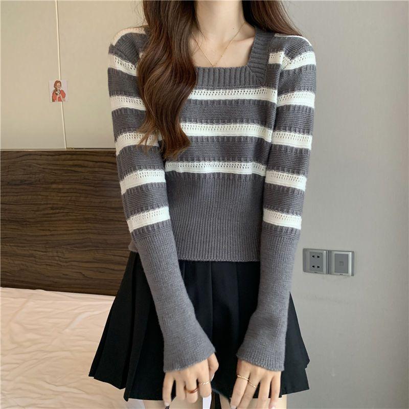 Square collar striped knitted sweater for women's autumn new design sense, niche long sleeved versatile chic sweater top trend