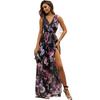 Bohemia Summer New Front and Back V-neck High Waist Shoelace Floral Print Slit Chiffon Sleeveless Dress Long Dress for Women