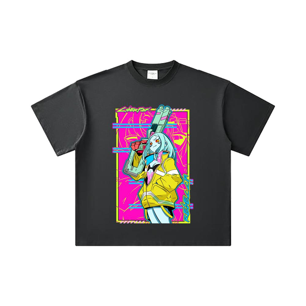 260 GSM Doppelgarn 32er Zählung 100% Baumwolle Cyberpunk Edgerunners V6 Rebecca Druck Unisex Schweres Baumwoll-T-Shirt