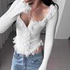 Eleganter Frühling Patchwork Spitze Rüschen Gestrickter Pullover Damen Langarm Spitze Bluse Slim Fit Weißes Oberteil Süß Unregelmäßig Mode Sexy Street Shirt