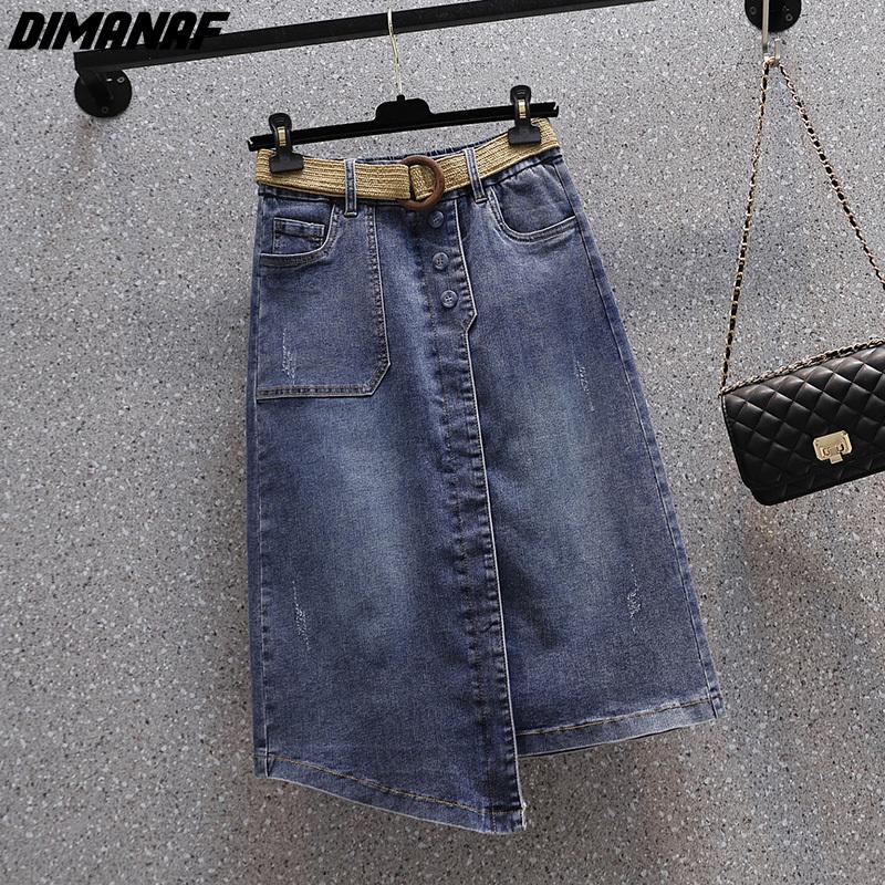 DIMANAF Plus Size Summer 2026 Lady Denim Skirts Women Clothing Blue Fashion A-Line Jeans Skirt Belt Waist