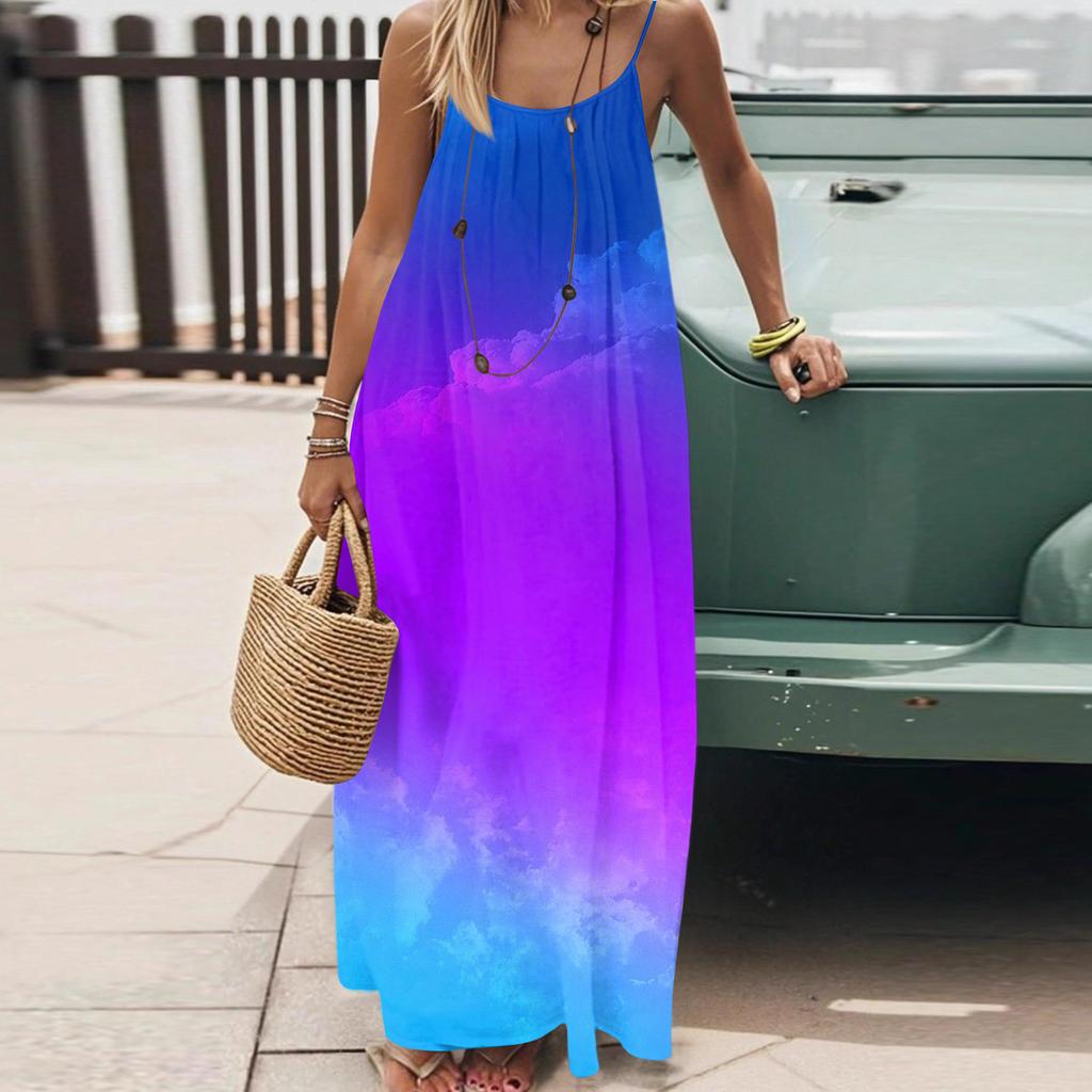 Dámské Módní Ležérní Volné Šaty s Květinovým Potiskem a Úzkými Ramínky Bez Zad