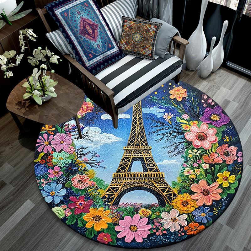 Eiffel Tower Paris Round Area Rug,Carpet Rug for Living Room Bedroom Sofa Playroom Decor,Non-slip Floor Mat