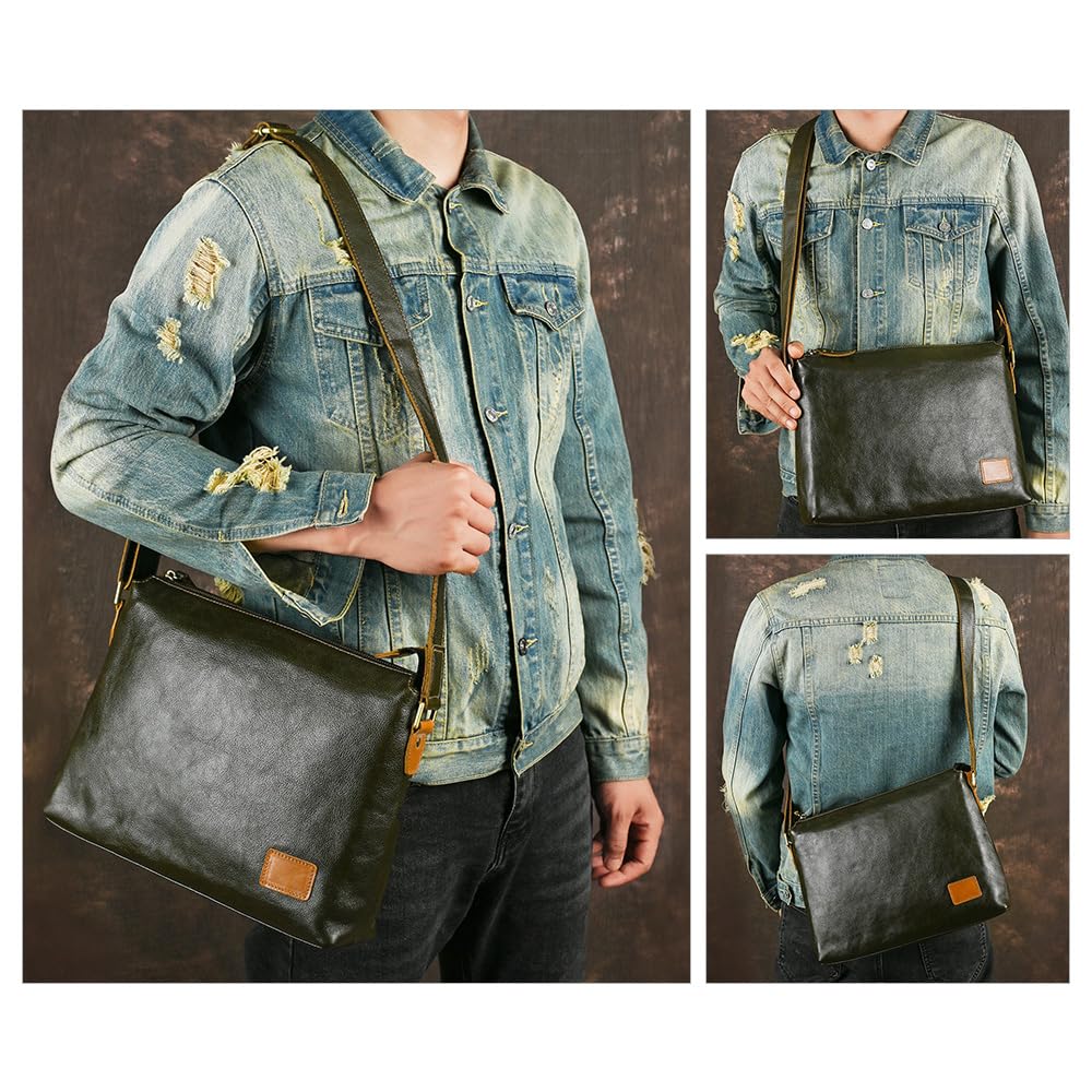 Whatna Antique-Style Tanned Natural Cowhide Leather Shoulder Bag for Men, Crossbody Messenger Bag, Large A4 Size, Fits iPad Pro 13, Horizontal Style,