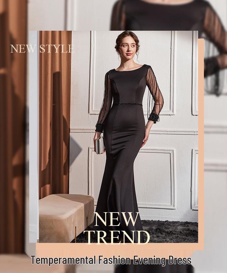 Elegant European Mesh Beaded Long Sleeve Hepburn Style Evening Party Gown
