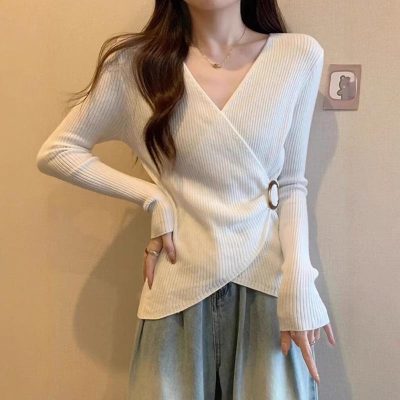 Autumn Winter V-neck Solid Irregular Waist Sweater Women Long Sleeve All-match Bottomed Pullover Knitting Top